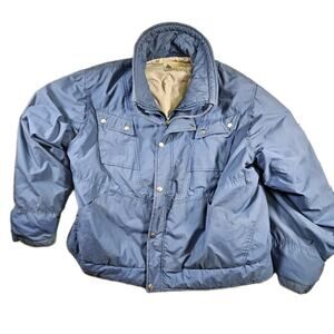 Vintage London Fog Blue Puffer Jacket Big Ben Logo Patch 80s 90s Retro Coat